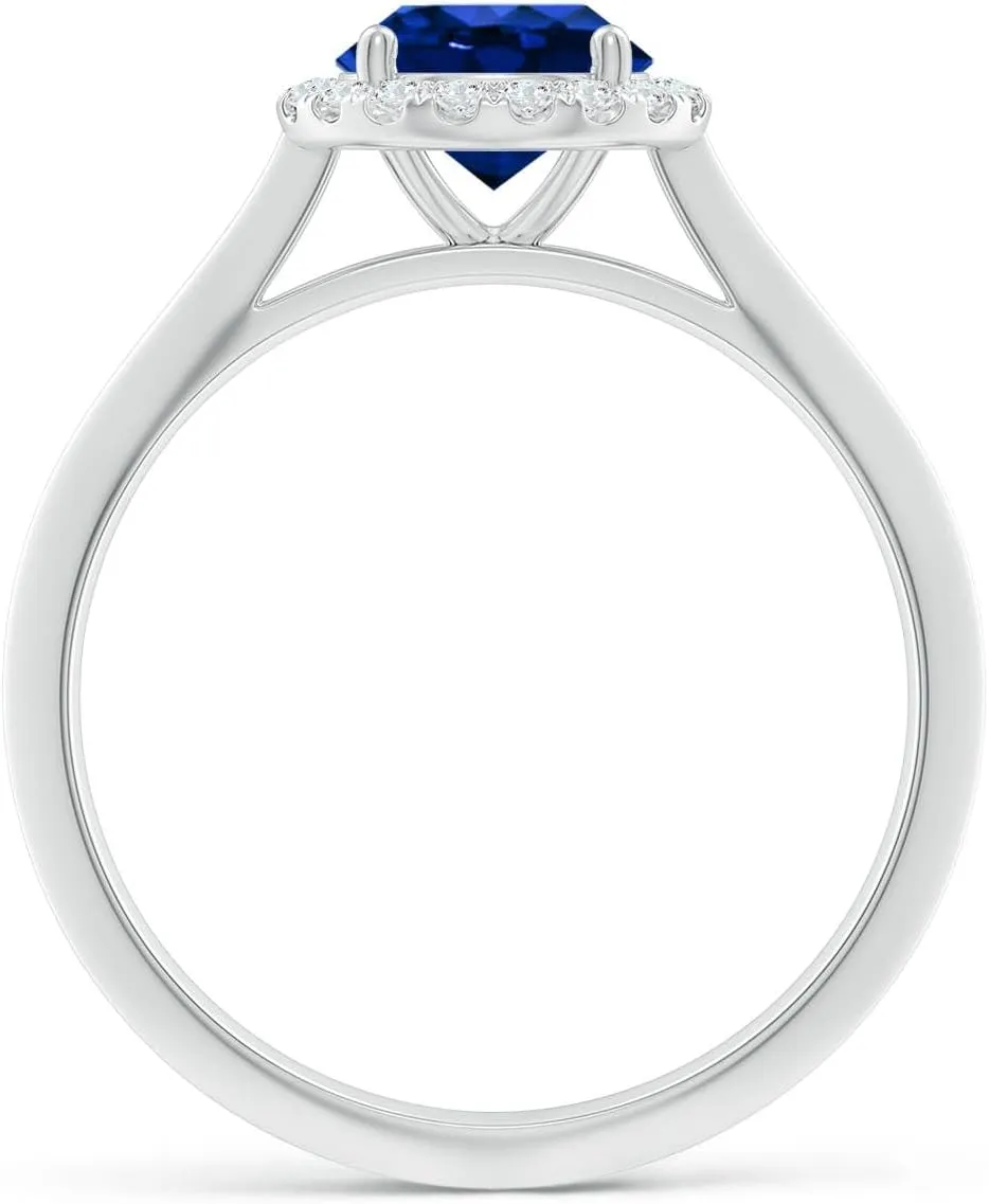 Angara Lab Grown Round Blue Sapphire Halo Knife-Edge Shank Engagement Ring in 14K Solid Gold/Platinum | September Birthstone, Birthday, Anniversary, Wedding Jewelry Gift for Women