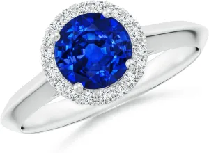Angara Lab Grown Round Blue Sapphire Halo Knife-Edge Shank Engagement Ring in 14K Solid Gold/Platinum | September Birthstone, Birthday, Anniversary, Wedding Jewelry Gift for Women