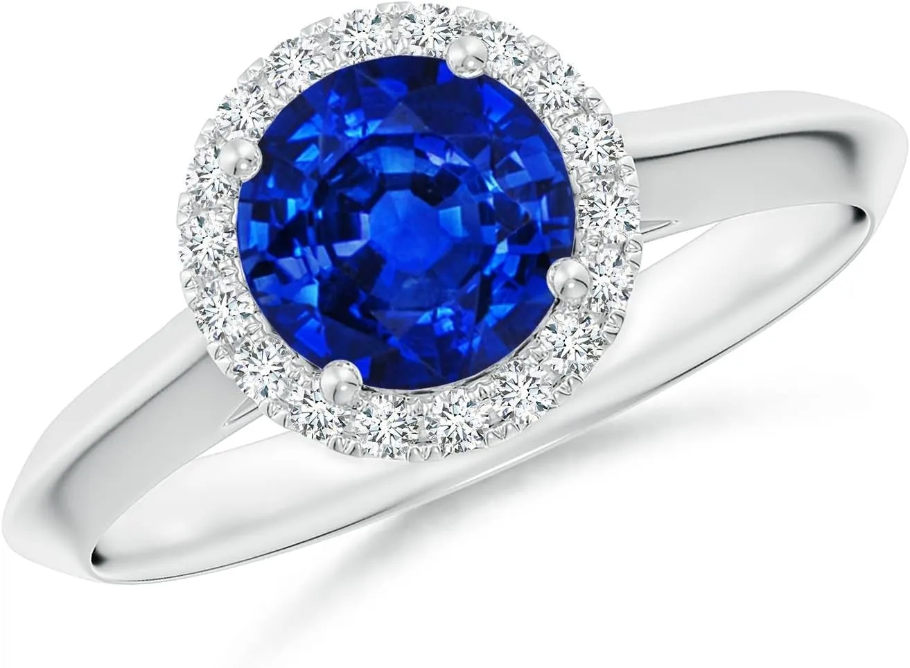 Angara Lab Grown Round Blue Sapphire Halo Knife-Edge Shank Engagement Ring in 14K Solid Gold/Platinum | September Birthstone, Birthday, Anniversary, Wedding Jewelry Gift for Women