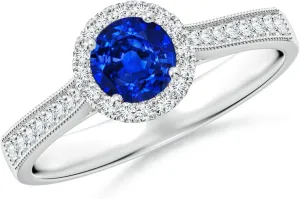 Angara Lab Grown Round Blue Sapphire Reverse Tapered Shank Halo Engagement Ring in 14K Solid Gold/Platinum | September Birthstone, Birthday, Anniversary, Wedding Jewelry Gift for Women