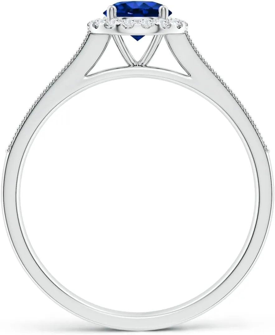 Angara Lab Grown Round Blue Sapphire Reverse Tapered Shank Halo Engagement Ring in 14K Solid Gold/Platinum | September Birthstone, Birthday, Anniversary, Wedding Jewelry Gift for Women