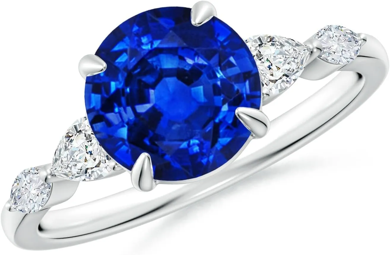Angara Lab Grown Round Blue Sapphire Side Stone Engagement Ring in 14K Solid Gold/Platinum | September Birthstone, Birthday, Anniversary, Wedding Jewelry Gift for Women