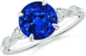 Angara Lab Grown Round Blue Sapphire Side Stone Engagement Ring in 14K Solid Gold/Platinum | September Birthstone, Birthday, Anniversary, Wedding Jewelry Gift for Women
