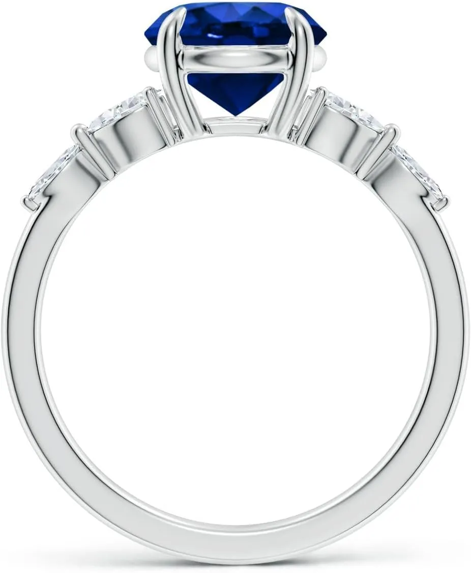 Angara Lab Grown Round Blue Sapphire Side Stone Engagement Ring in 14K Solid Gold/Platinum | September Birthstone, Birthday, Anniversary, Wedding Jewelry Gift for Women