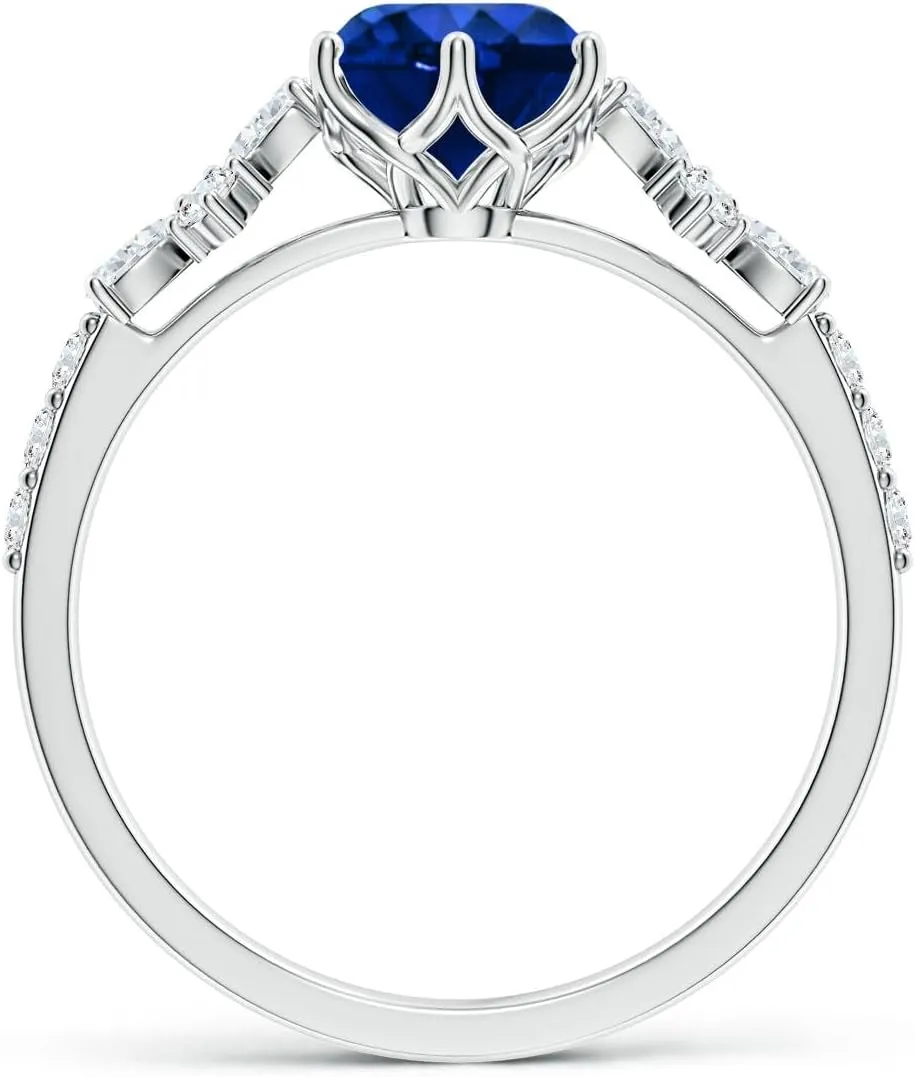 Angara Lab Grown Round Blue Sapphire Side Stone Engagement Ring with Accents in 14K Solid Gold/Platinum | September Birthstone, Birthday, Anniversary, Wedding Jewelry Gift for Women