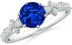 Angara Lab Grown Round Blue Sapphire Side Stone Engagement Ring with Accents in 14K Solid Gold/Platinum | September Birthstone, Birthday, Anniversary, Wedding Jewelry Gift for Women