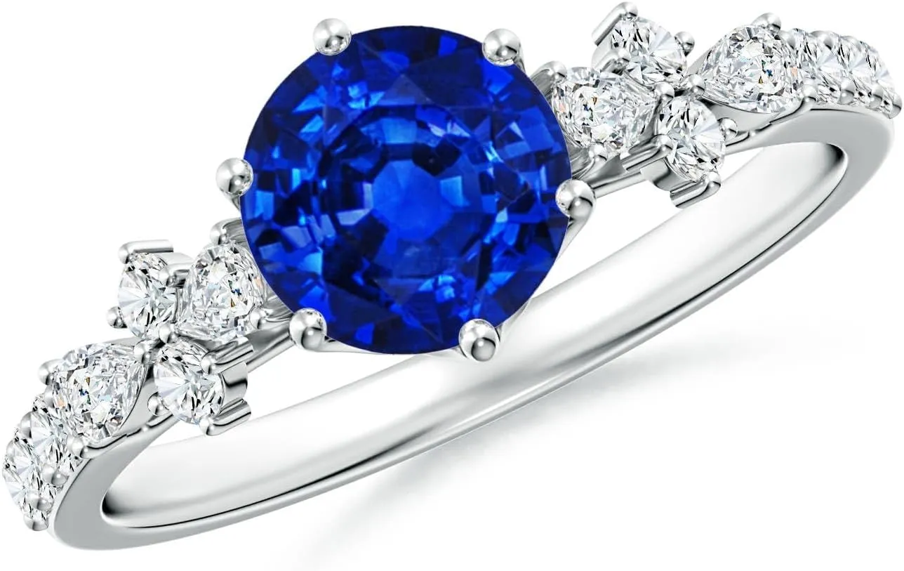 Angara Lab Grown Round Blue Sapphire Side Stone Engagement Ring with Accents in 14K Solid Gold/Platinum | September Birthstone, Birthday, Anniversary, Wedding Jewelry Gift for Women