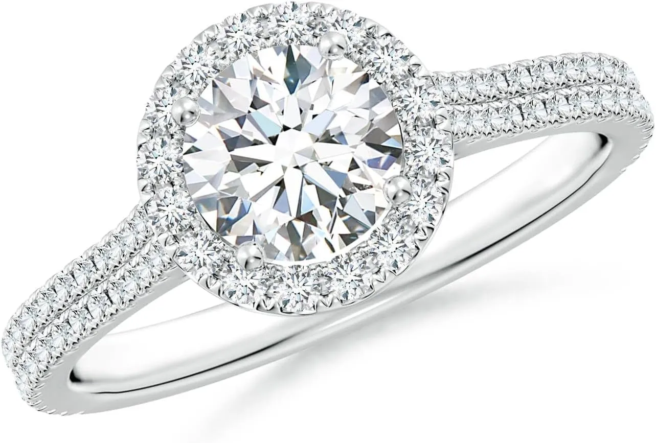 Angara Lab Grown Round Diamond Halo Ring with Accents in Silver / 14K Solid Gold/Platinum | April Birthstone, Birthday, Engagement, Anniversary, Wedding Jewelry Gift for Women