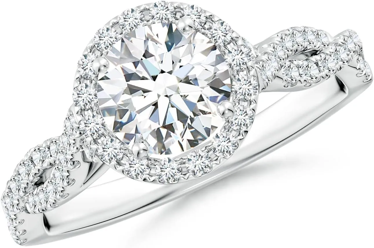 Angara Lab Grown Round Diamond Halo Twisted Shank Engagement Ring in Silver / 14K Solid Gold/Platinum | April Birthstone, Birthday, Anniversary, Wedding Jewelry Gift for Women
