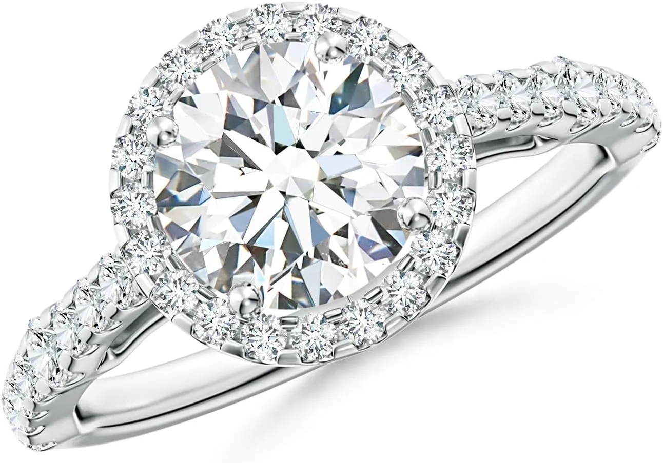 Angara Lab Grown Round Diamond Station Halo Engagement Ring in Silver / 14K Solid Gold/Platinum | April Birthstone, Birthday, Anniversary, Wedding Jewelry Gift for Women
