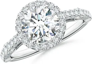 Angara Lab Grown Round Diamond Station Halo Engagement Ring in Silver / 14K Solid Gold/Platinum | April Birthstone, Birthday, Anniversary, Wedding Jewelry Gift for Women