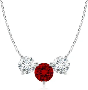 Angara Lab Grown Round Ruby and Diamond Three Stone Necklace in 14K Solid Gold/Platinum | July Birthstone, Birthday, Engagement, Anniversary, Wedding Jewelry Gift for Women