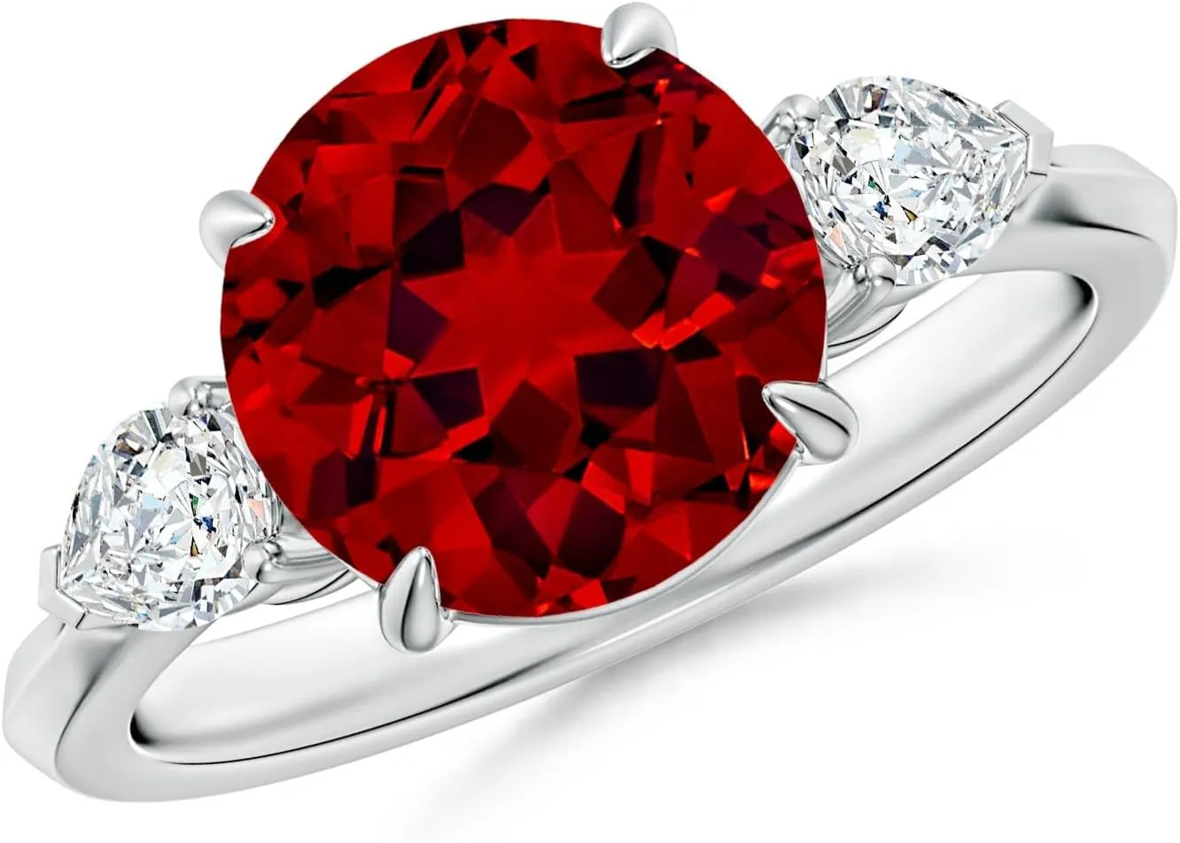 Angara Lab Grown Round Ruby and Pear Diamond Three Stone Engagement Ring in 14K Solid Gold/Platinum | July Birthstone, Birthday, Anniversary, Wedding Jewelry Gift for Women