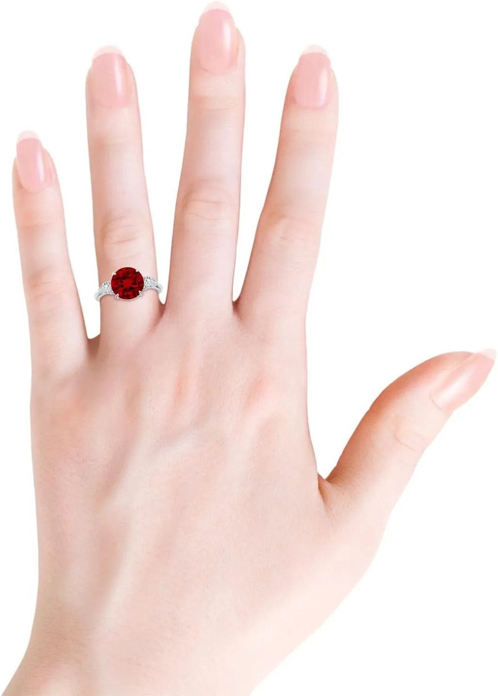 Angara Lab Grown Round Ruby and Pear Diamond Three Stone Engagement Ring in 14K Solid Gold/Platinum | July Birthstone, Birthday, Anniversary, Wedding Jewelry Gift for Women