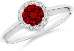 Angara Lab Grown Round Ruby Halo Knife-Edge Shank Engagement Ring in 14K Solid Gold/Platinum | July Birthstone, Birthday, Anniversary, Wedding Jewelry Gift for Women