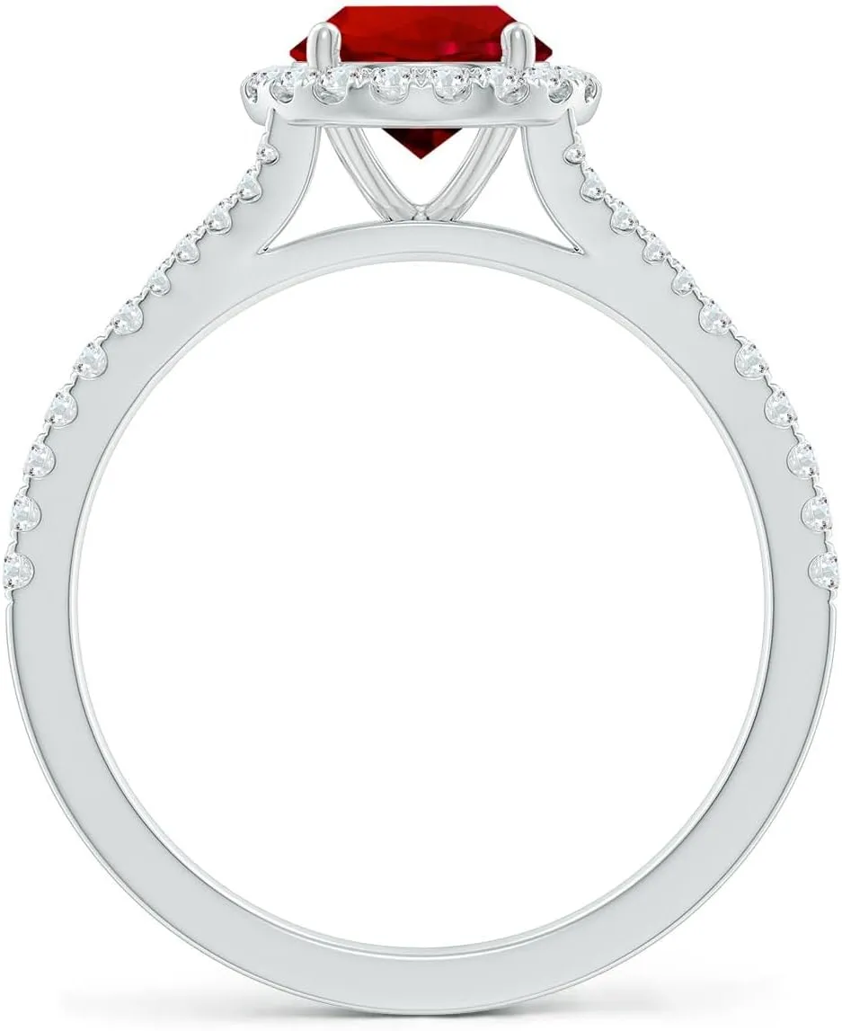 Angara Lab Grown Round Ruby Halo Split Shank Engagement Ring in 14K Solid Gold/Platinum | July Birthstone, Birthday, Anniversary, Wedding Jewelry Gift for Women