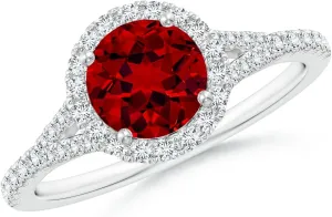 Angara Lab Grown Round Ruby Halo Split Shank Engagement Ring in 14K Solid Gold/Platinum | July Birthstone, Birthday, Anniversary, Wedding Jewelry Gift for Women