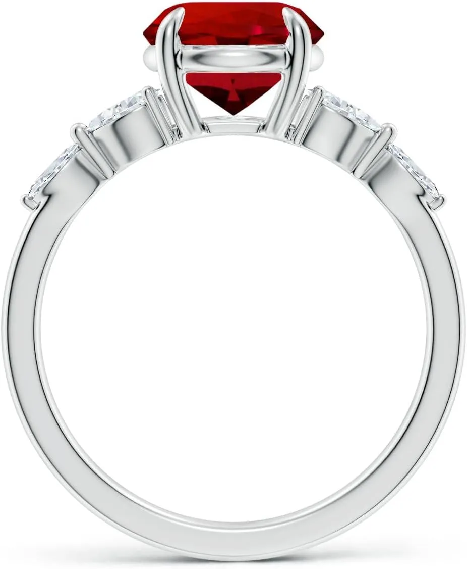 Angara Lab Grown Round Ruby Side Stone Engagement Ring in 14K Solid Gold/Platinum | July Birthstone, Birthday, Anniversary, Wedding Jewelry Gift for Women