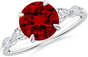Angara Lab Grown Round Ruby Side Stone Engagement Ring in 14K Solid Gold/Platinum | July Birthstone, Birthday, Anniversary, Wedding Jewelry Gift for Women