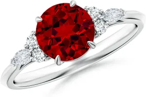 Angara Lab Grown Round Ruby Side Stone Engagement Ring with Diamonds in 14K Solid Gold/Platinum | July Birthstone, Birthday, Anniversary, Wedding Jewelry Gift for Women
