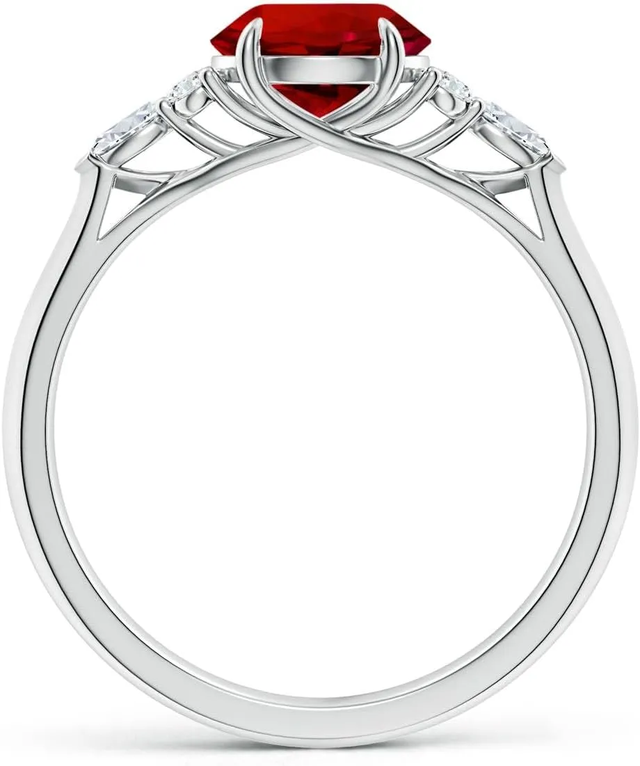Angara Lab Grown Round Ruby Side Stone Engagement Ring with Diamonds in 14K Solid Gold/Platinum | July Birthstone, Birthday, Anniversary, Wedding Jewelry Gift for Women