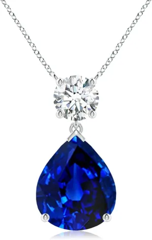 Angara Lab Grown Solitaire Pear Blue Sapphire Drop Pendant with Lab Diamond Accent in 14K Solid Gold/Platinum | September Birthstone, Birthday, Engagement, Anniversary Jewelry Gift for Women