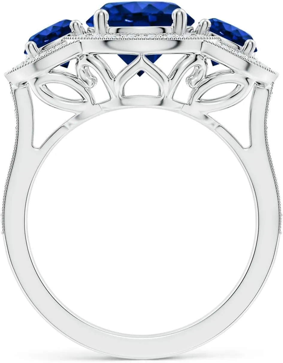 Angara Lab Grown Vintage Inspired Blue Sapphire Halo Three Stone Engagement Ring in Silver / 14K Solid Gold/Platinum | September Birthstone, Birthday, Anniversary Jewelry Gift for Women