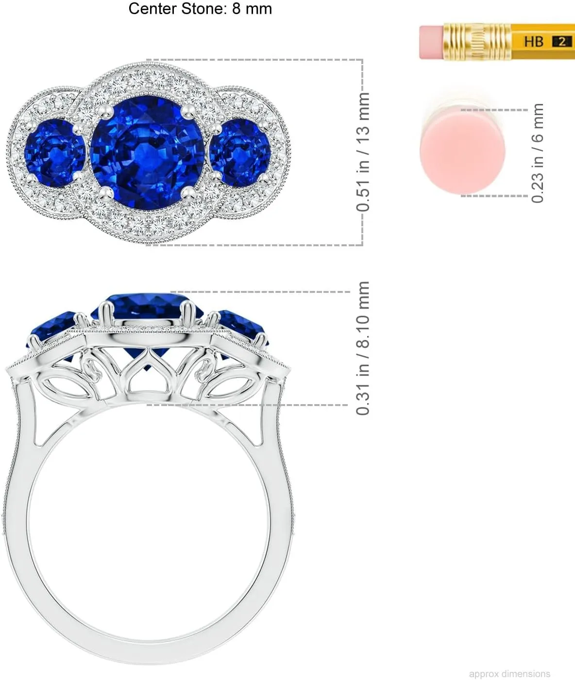 Angara Lab Grown Vintage Inspired Blue Sapphire Halo Three Stone Engagement Ring in Silver / 14K Solid Gold/Platinum | September Birthstone, Birthday, Anniversary Jewelry Gift for Women