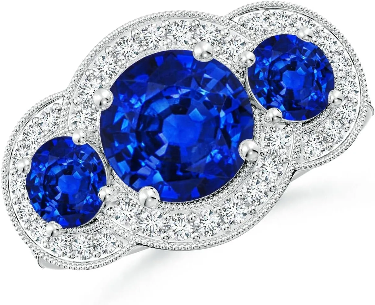 Angara Lab Grown Vintage Inspired Blue Sapphire Halo Three Stone Engagement Ring in Silver / 14K Solid Gold/Platinum | September Birthstone, Birthday, Anniversary Jewelry Gift for Women