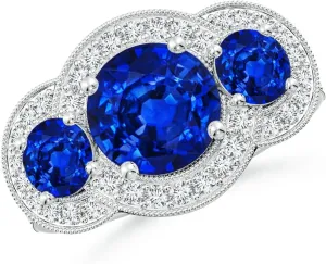 Angara Lab Grown Vintage Inspired Blue Sapphire Halo Three Stone Engagement Ring in Silver / 14K Solid Gold/Platinum | September Birthstone, Birthday, Anniversary Jewelry Gift for Women