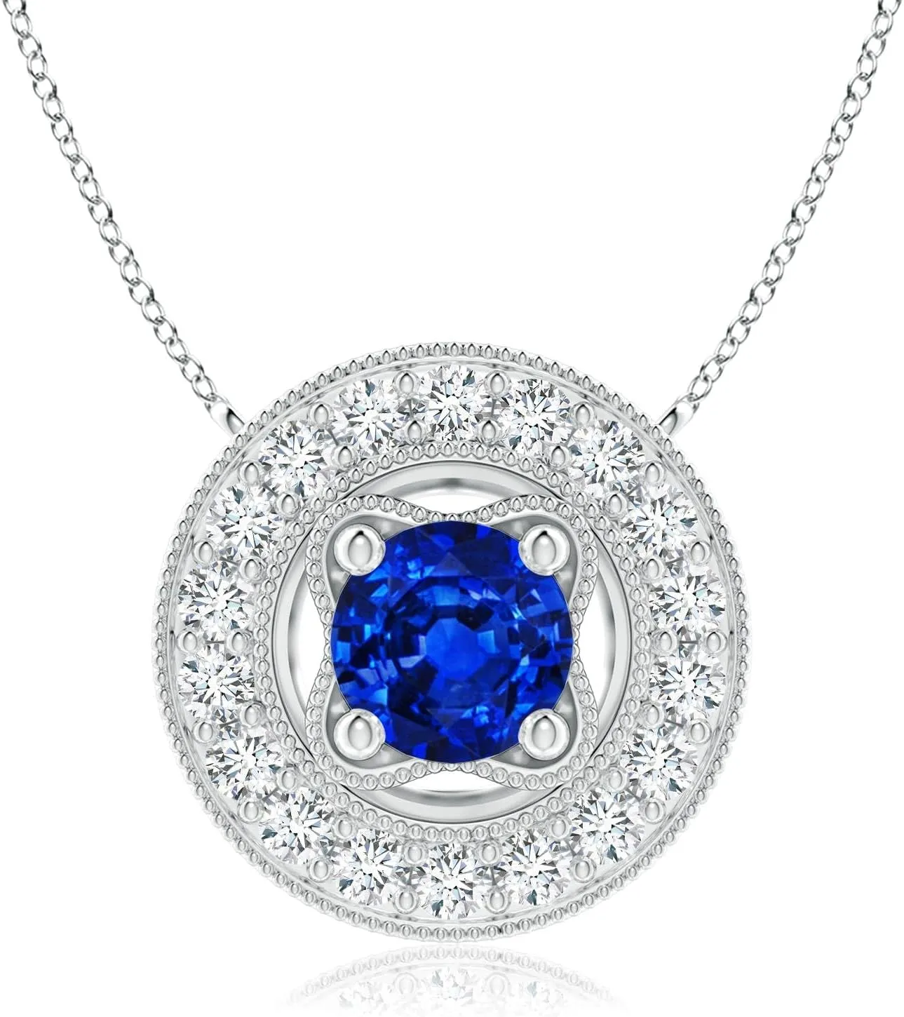 Angara Lab Grown Vintage Style Blue Sapphire Halo Pendant with Milgrain Detailing in Silver / 14K Solid Gold/Platinum | September Birthstone, Birthday, Engagement, Anniversary Jewelry Gift for Women