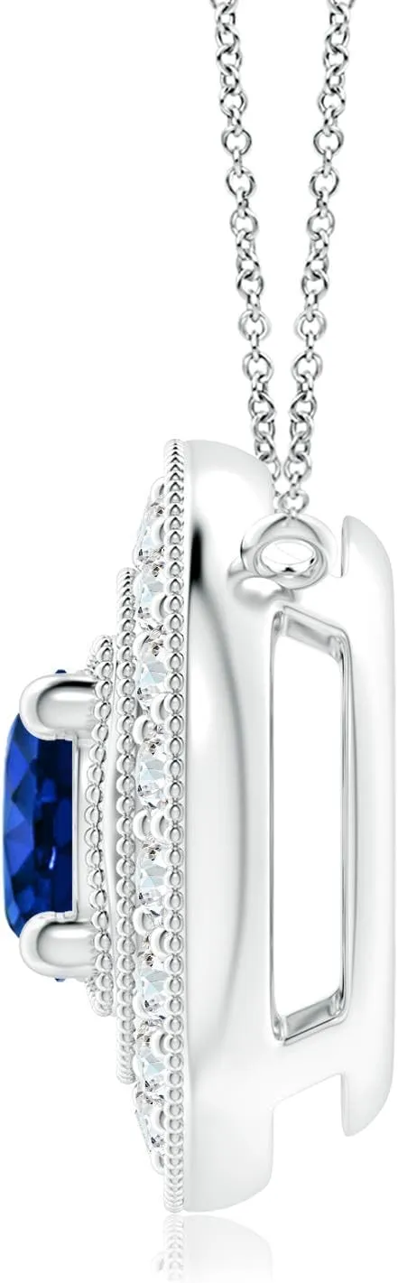 Angara Lab Grown Vintage Style Blue Sapphire Halo Pendant with Milgrain Detailing in Silver / 14K Solid Gold/Platinum | September Birthstone, Birthday, Engagement, Anniversary Jewelry Gift for Women