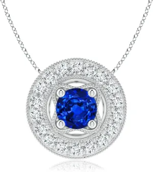 Angara Lab Grown Vintage Style Blue Sapphire Halo Pendant with Milgrain Detailing in Silver / 14K Solid Gold/Platinum | September Birthstone, Birthday, Engagement, Anniversary Jewelry Gift for Women
