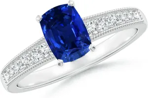 Angara Lab Grown Vintage Style Cushion Rectangular Blue Sapphire Engagement Ring with Accents in 14K Solid Gold/Platinum | September Birthstone, Birthday, Anniversary, Wedding Jewelry Gift for Women