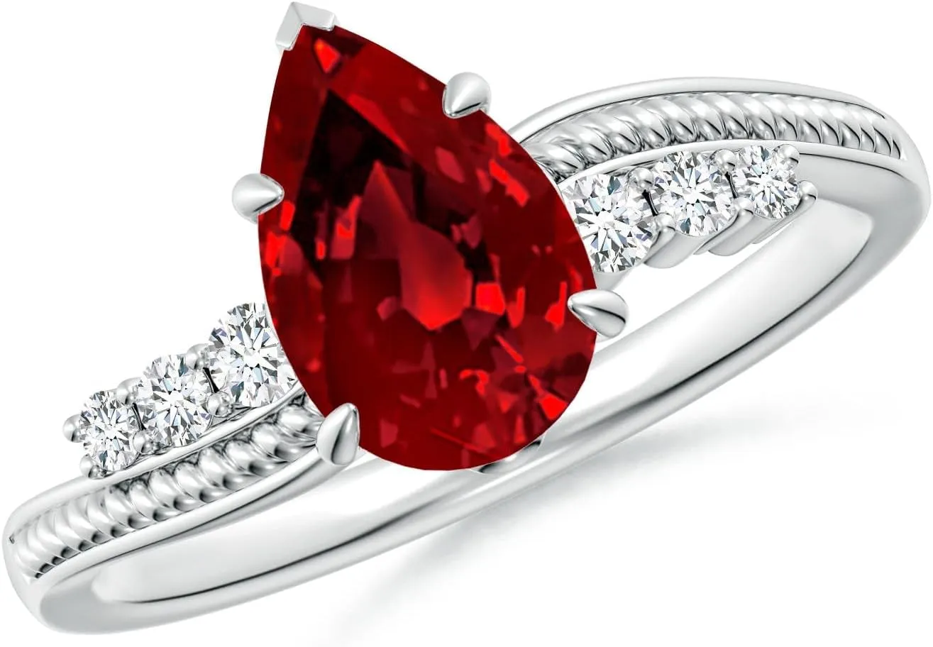 Angara Lab Grown Vintage Style Pear Ruby Bypass Shank Engagement Ring in 14K Solid Gold/Platinum | July Birthstone, Birthday, Anniversary, Wedding Jewelry Gift for Women