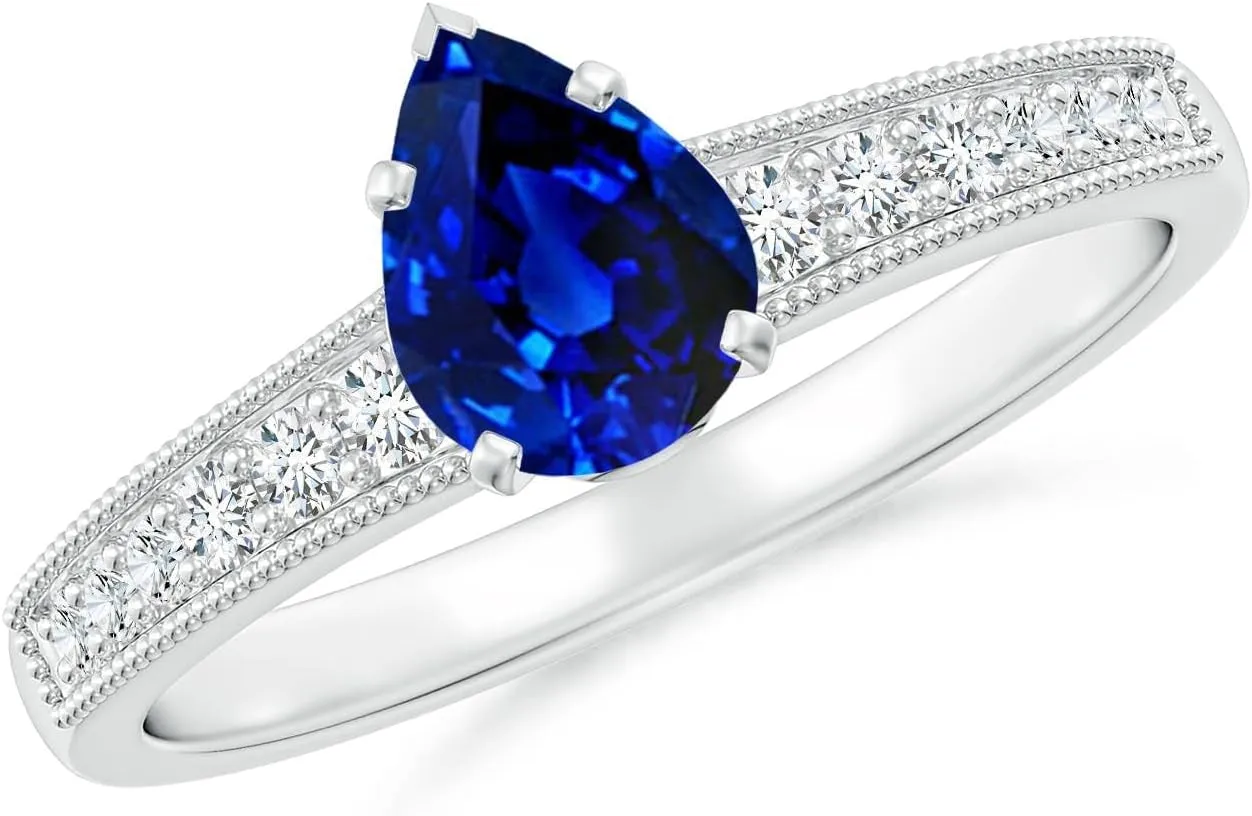Angara Lab Grown Vintage Style Pear-Shaped Blue Sapphire Engagement Ring with Accents in 14K Solid Gold/Platinum | September Birthstone, Birthday, Anniversary, Wedding Jewelry Gift for Women