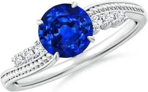 Angara Lab Grown Vintage Style Round Blue Sapphire Bypass Shank Engagement Ring in 14K Solid Gold/Platinum | September Birthstone, Birthday, Anniversary, Wedding Jewelry Gift for Women