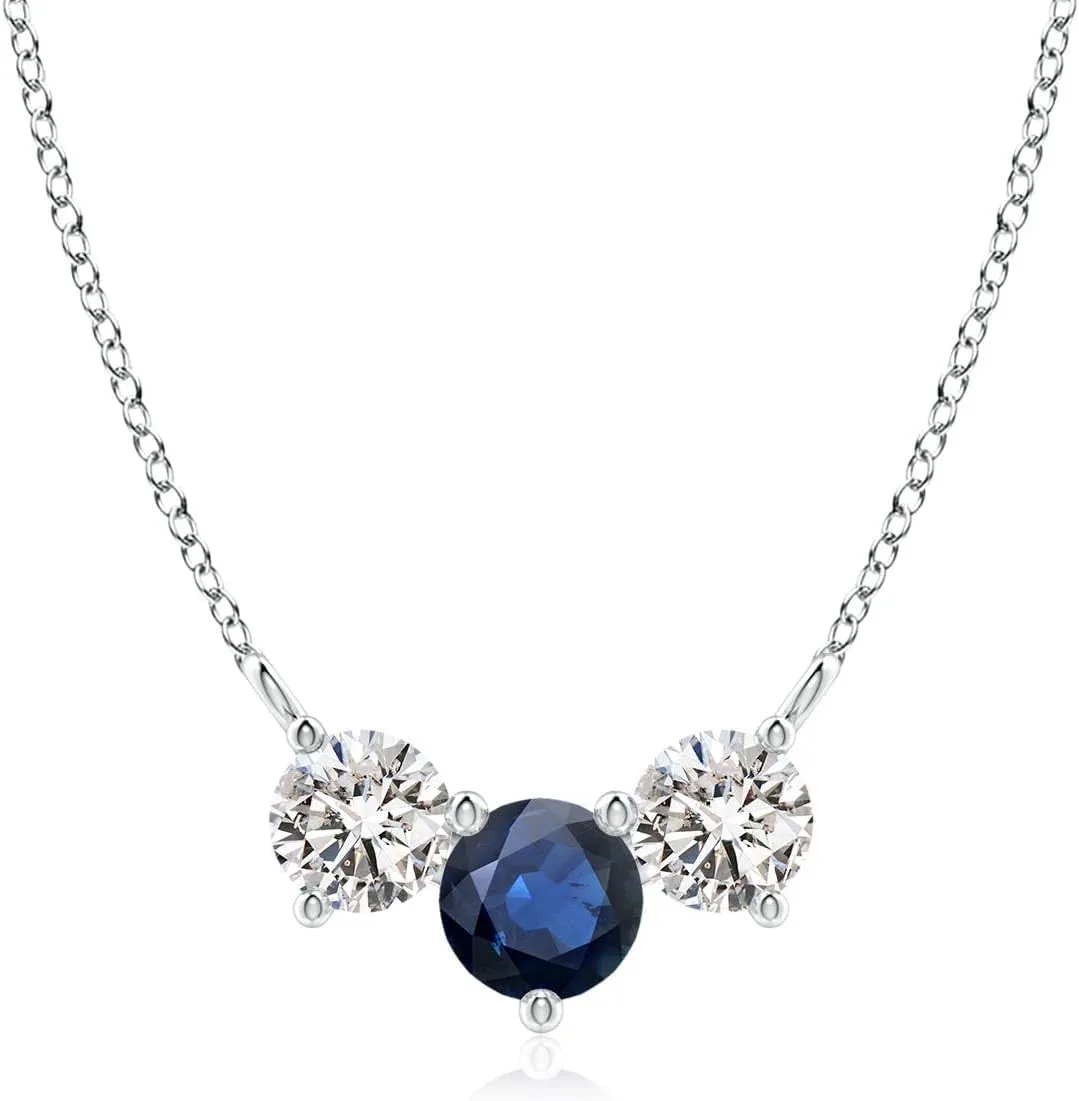 Angara Natural 0.6 Ct Blue Sapphire and 0.46 Ct Diamond Three Stone Pendant Necklace for Women in Platinum (Grade-AA | Size-5mm) | September Birthstone, Birthday, Anniversary Jewelry Gift For Women