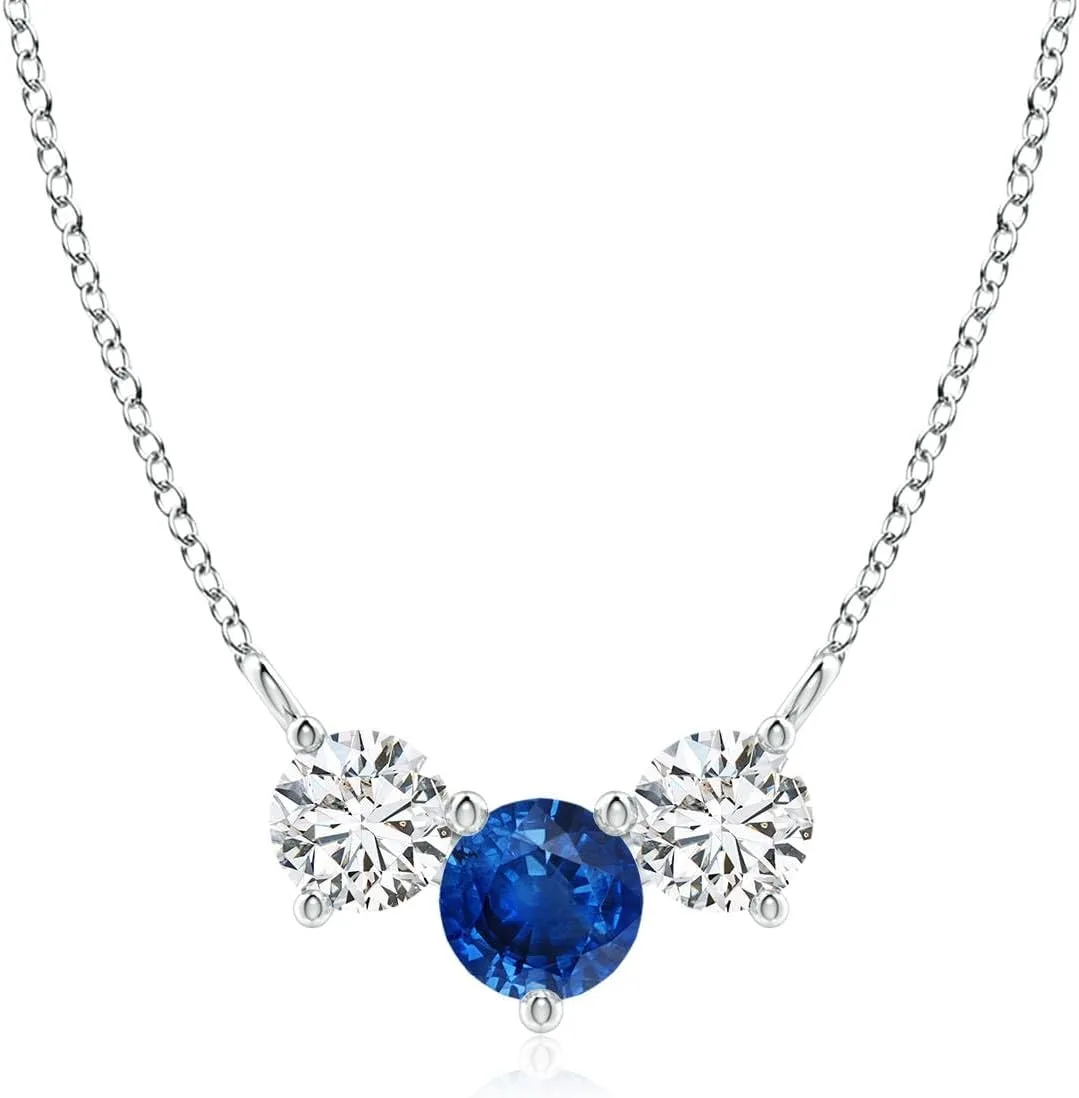 Angara Natural 0.6 Ct Blue Sapphire and 0.46 Ct Diamond Three Stone Pendant Necklace for Women in Platinum (Grade-AAA | Size-5mm) | September Birthstone, Birthday, Anniversary Jewelry Gift For Women