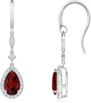 ANGARA Natural Pear-Shaped Garnet Drop Earrings with Diamond Halo in 14K Solid Gold/Platinum | January Birthstone, Birthday, Engagement, Anniversary, Wedding Jewelry Gift for Women