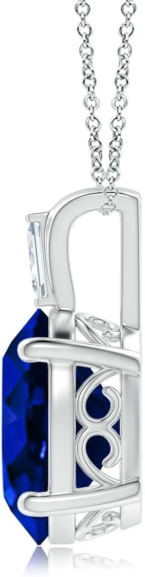 Angara Oval Lab Grown Blue Sapphire Pendant with Baguette Diamond in 14K Solid Gold/Platinum | September Birthstone, Birthday, Engagement, Anniversary, Wedding Jewelry Gift for Women
