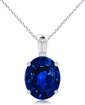 Angara Oval Lab Grown Blue Sapphire Pendant with Baguette Diamond in 14K Solid Gold/Platinum | September Birthstone, Birthday, Engagement, Anniversary, Wedding Jewelry Gift for Women