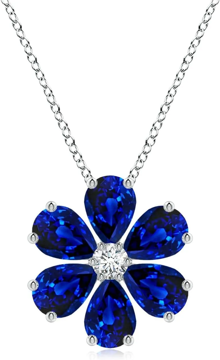 Angara Pear Lab Grown Blue Sapphire Flower Cluster Pendant with Diamond in 14K Solid Gold/Platinum | September Birthstone, Birthday, Engagement, Anniversary, Wedding Jewelry Gift for Women