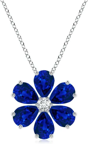 Angara Pear Lab Grown Blue Sapphire Flower Cluster Pendant with Diamond in 14K Solid Gold/Platinum | September Birthstone, Birthday, Engagement, Anniversary, Wedding Jewelry Gift for Women
