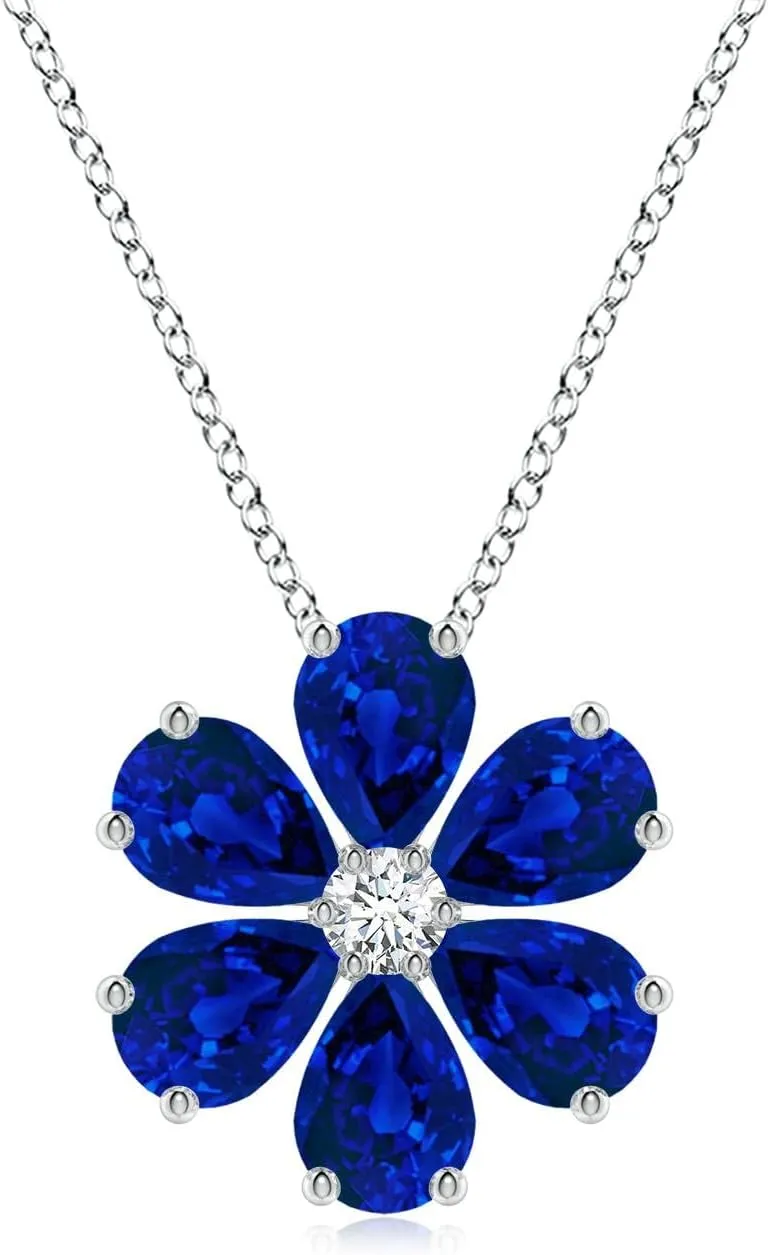 Angara Pear Lab Grown Blue Sapphire Flower Cluster Pendant with Diamond in 14K Solid Gold/Platinum | September Birthstone, Birthday, Engagement, Anniversary, Wedding Jewelry Gift for Women
