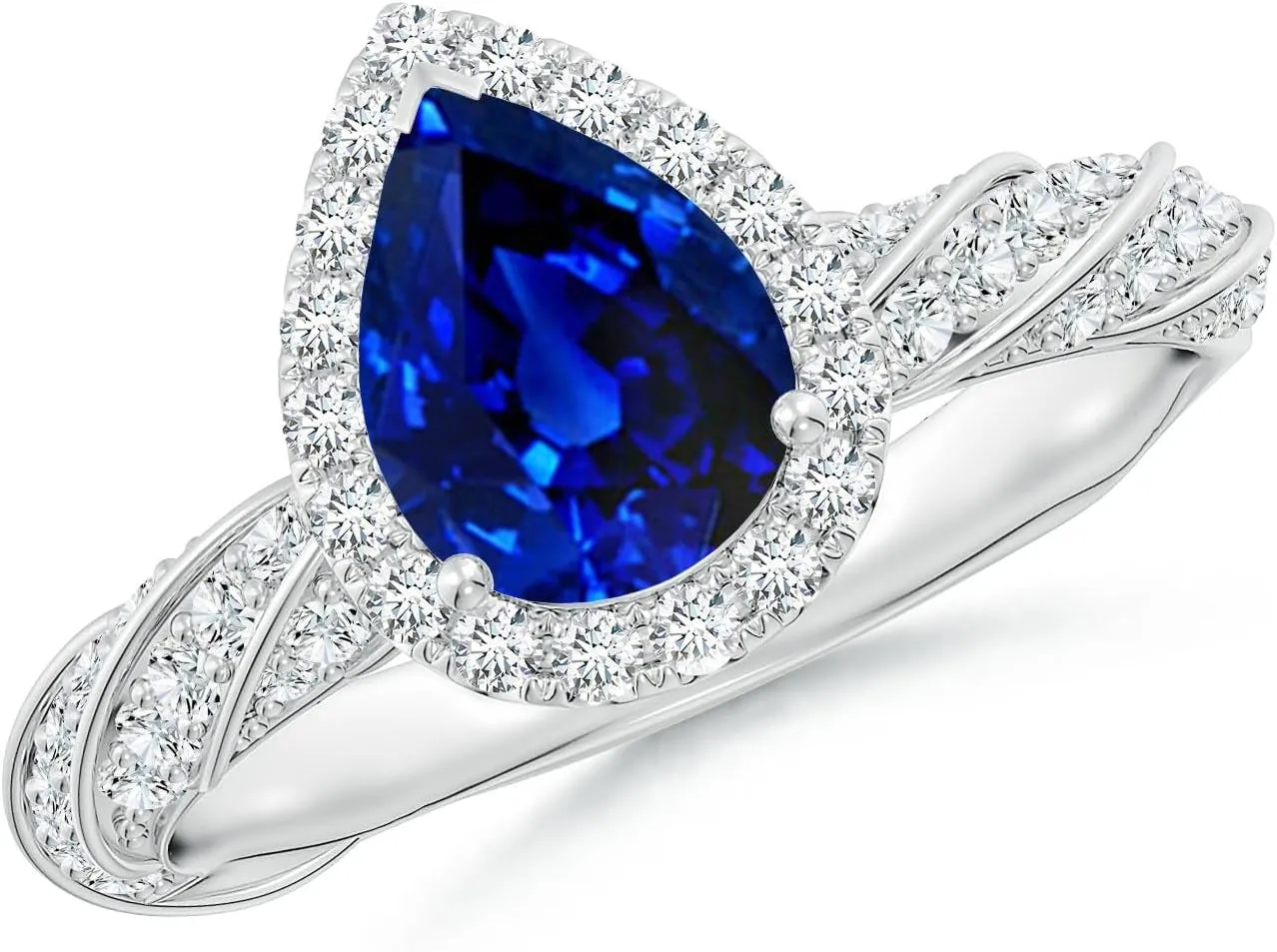 Angara Pear Lab Grown Blue Sapphire Halo Twisted Rope Shank Engagement Ring in 14K Solid Gold/Platinum | September Birthstone, Birthday, Anniversary, Wedding Jewelry Gift for Women