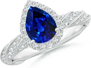 Angara Pear Lab Grown Blue Sapphire Halo Twisted Rope Shank Engagement Ring in 14K Solid Gold/Platinum | September Birthstone, Birthday, Anniversary, Wedding Jewelry Gift for Women