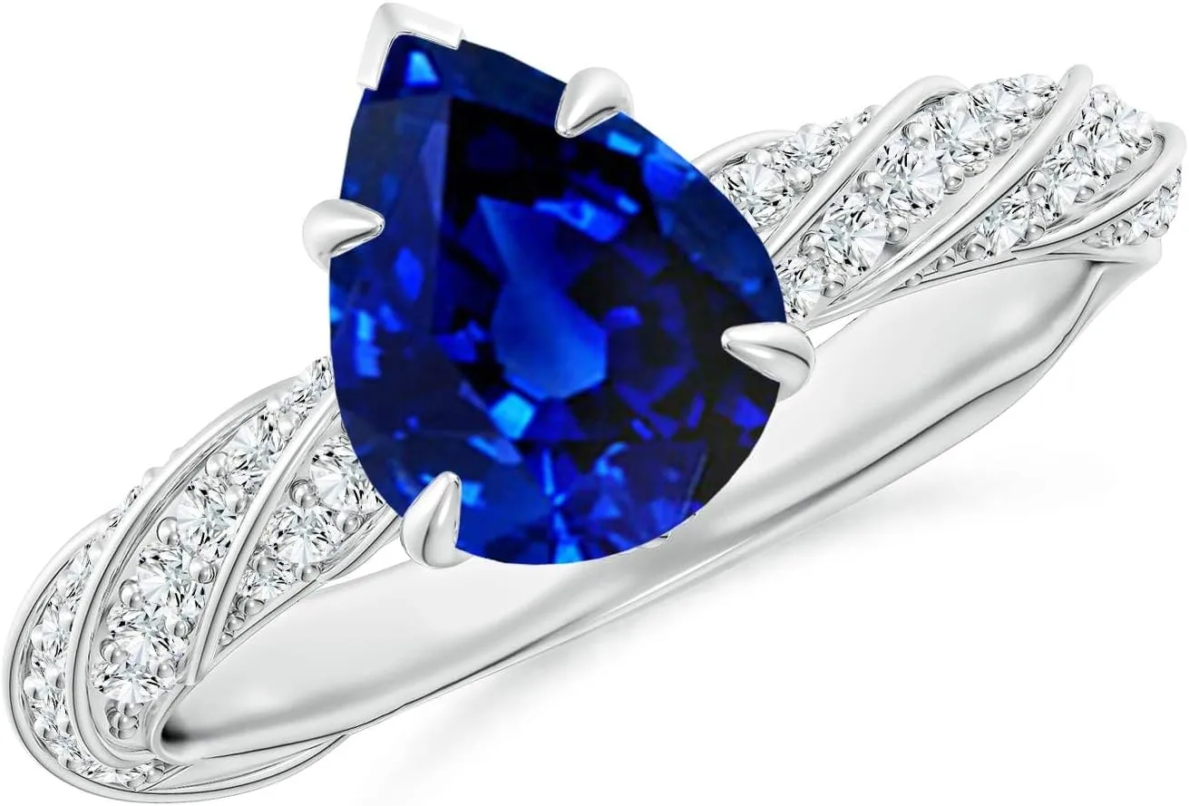 Angara Pear Lab Grown Blue Sapphire Twisted Rope Shank Engagement Ring in 14K Solid Gold/Platinum | September Birthstone, Birthday, Anniversary, Wedding Jewelry Gift for Women