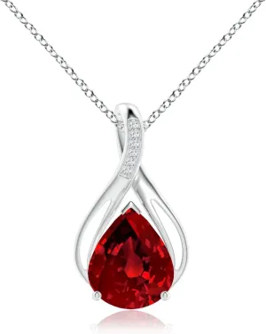 Angara Pear Lab Grown Ruby Infinity Twist Pendant with Diamonds in 14K Solid Gold/Platinum | July Birthstone, Birthday, Engagement, Anniversary, Wedding Jewelry Gift for Women