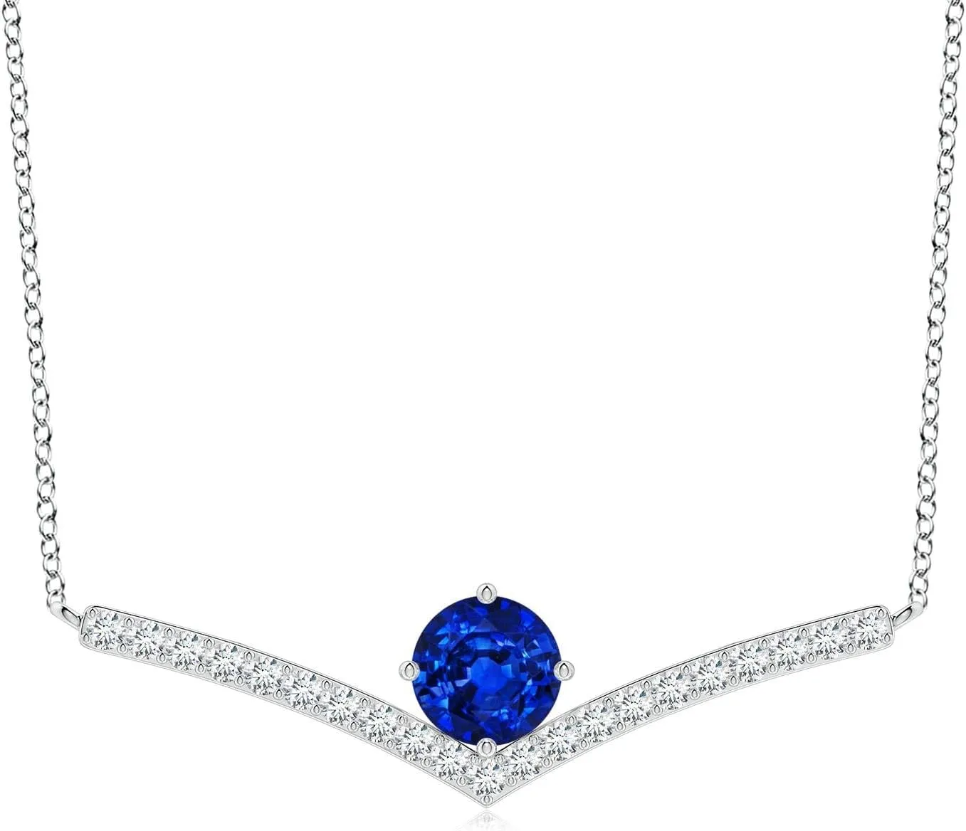 Angara Round Lab Grown Blue Sapphire Chevron Necklace with Diamond Accents in 14K Solid Gold/Platinum | September Birthstone, Birthday, Engagement, Anniversary, Wedding Jewelry Gift for Women